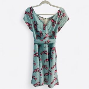 Lobster print crepe dress with sash tie.